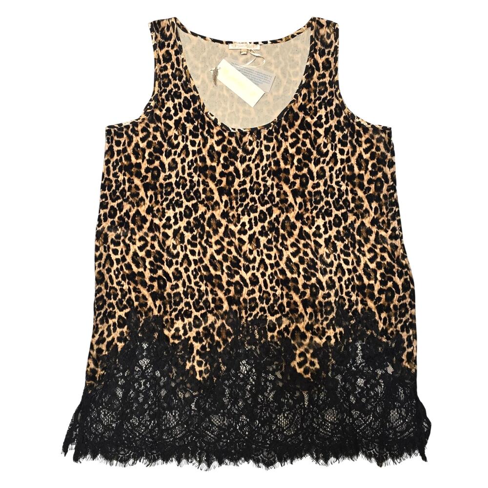 Gold Hawk Leopard Print Silk Blend Lace Hem Tunic Tank S NWT